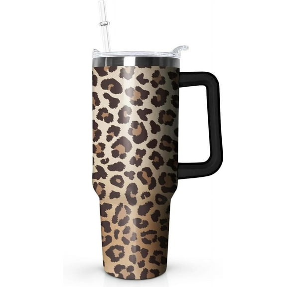 40 oz Tumbler With Handle,Leopard Print Skinny Vacuum Insulated Tumbler With Straw,Cute Cheetah Print Cups Water Bottle CoffeeTravel Tumbler, Leopard Decor/Accessories for Women