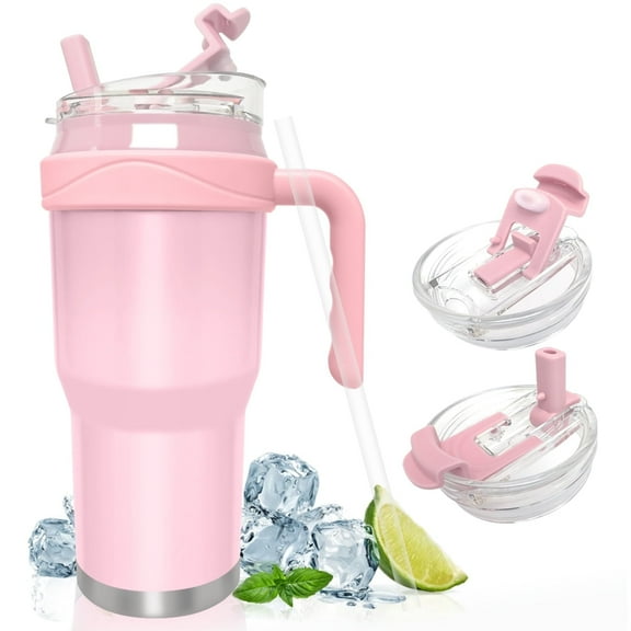 40 oz Tumbler with Handle,Stainless Steel Travel Mug with 2-in-1 Straw and Sip Lid,Vacuum Insulated Coffee Tumbler Cups,100% Leak Proof,Keeps Cold for 24 Hours or Hot for 10 Hours - Pink