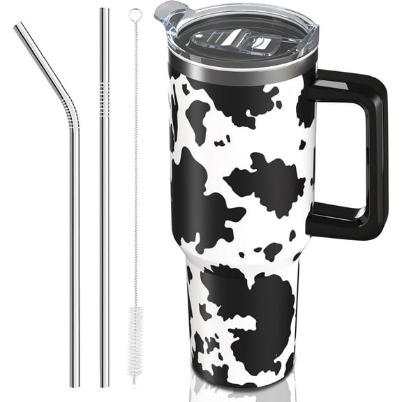 40 oz Tumbler with Handle and Straw, 100% Leak-Proof Travel Mug, Stainless Steel Double Wall Vacuum Insulated Coffee Cup Keeps Cold For 24 Hours, Pink Cow Print