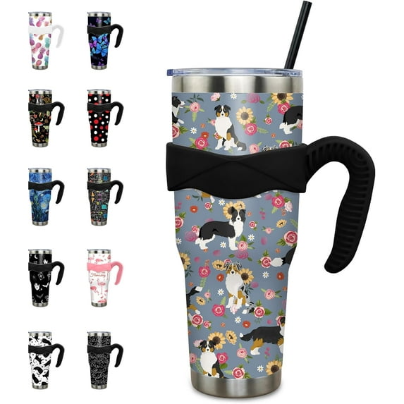 40 oz Tumbler with Handle and Straw 40oz Floral Dog Cup Insulated Coffee Travel Mug Spill Proof Leak Proof 40 ounce Stainless Steel Slim 40 oz tumbler with handle and Lid