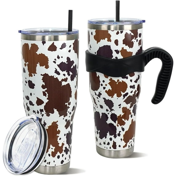 40 oz Tumbler with Handle and Straw Cow Tumbler Brown Cow Gifts for Women 40 oz Cup Leak Proof Cow Print Stuff Insulated Stainless Steel Tumbler Cow Coffee Travel Mug