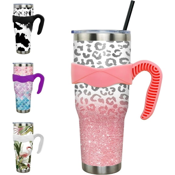 40 oz Tumbler with Handle and Straw Leak Proof 40 oz Cup Insulated Stainless Steel Coffee Travel Mug Slim 40oz Pink Leopard Tumbler with Handle Leopard Print Stuff Gift for Women