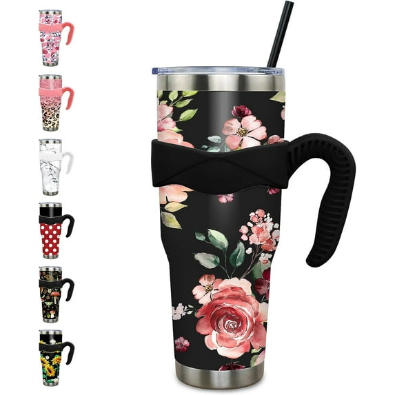 40 oz Tumbler with Handle and Straw Leak Proof 40 oz Retor Floral Cup Insulated Stainless Steel Flower Coffee Travel Mug Slim 40oz Tumbler with Handle Floral Decor Stuff Gifts for Women