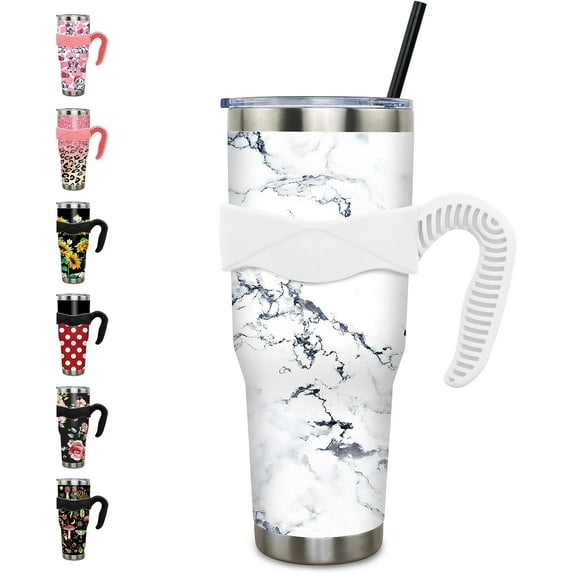 40 oz Tumbler with Handle and Straw Leak Proof 40 oz White Marble Cup Insulated Stainless Steel Marble Coffee Travel Mug Slim 40oz Tumbler with Handle Marble Decor Stuff Gifts for Women