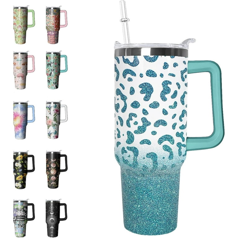 40 oz Iridescent Leopard Print Tumbler with Handle in Turquoise Green