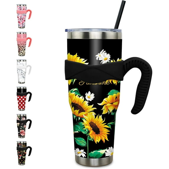 40 oz Tumbler with Handle and Straw Leak Proof 40 oz Sunflower Cup Insulated Stainless Steel Coffee Travel Mug 40oz Sunflower Slim Tumbler with Handle Sunflower Gift for Women
