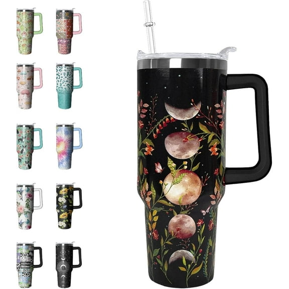 40 oz Tumbler with Handle and Straw Leak Proof Tumbler 40 oz Insulated Cup with Handle Gothic Flower Moon Coffee Travel Mug 40 oz Gothic Tumbler with Handle Witchy Decor Gifts for Women Gifts