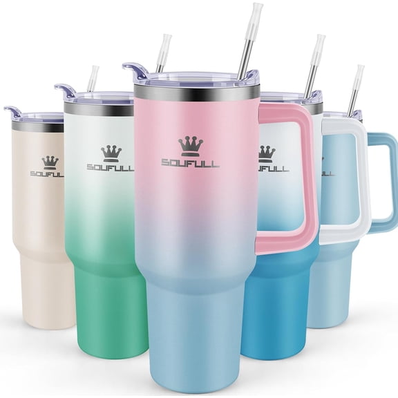 40 oz Tumbler with Handle and Straw Lid, 100% Leak-proof Travel Coffee Mug, Stainless Steel Insulated Cup For Beverages, Keeps Cold for 34Hrs or Hot for 10Hrs, Dishwasher Safe (PinkBlue)