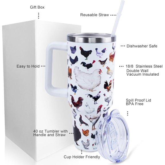 40 oz Tumbler with Handle and Straw Lid Leak Proof - Chicken and Rooster Design Coffee Travel Mug with Handle Insulated for Hot Cold Ice - Mother''s Day Birthday Gifts for Women Mom Mother