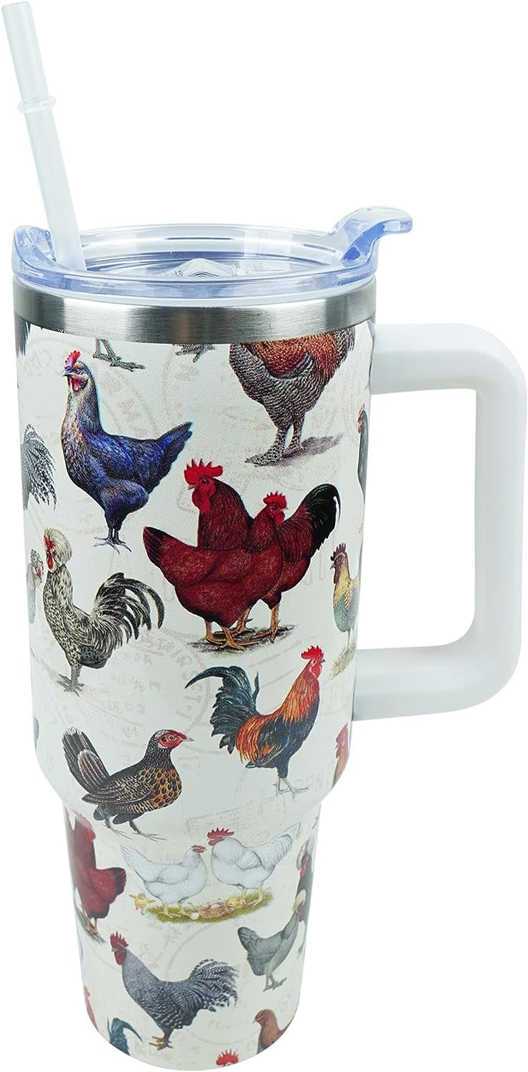 40 oz Tumbler with Handle and Straw Lid Leak Proof, Chicken and Rooster Design Coffee Travel Mug with Handle Insulated for Hot and Cold Drink Ice