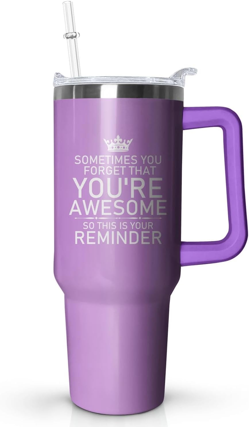 40 oz Tumbler with Handle and Straw Lid Leak Proof, Sometimes You Forget  You''re Awesome Inspirational Birthday Gifts for Women Men Coworker Friends