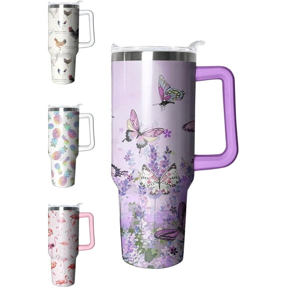 40 oz Tumbler with Handle and Straw Lid Purple Butterfly Double Wall Vacuum Drinks Hot or Cold Water Bottle Reusable Stainless Steel Travel Mug Gift for her