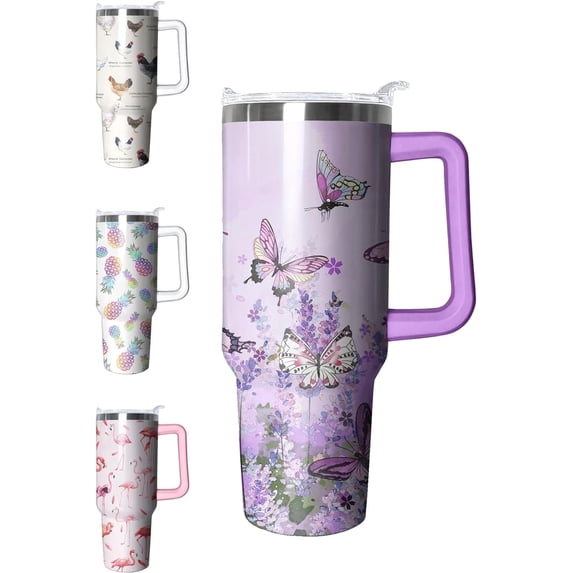 40 oz Tumbler with Handle and Straw Lid Purple Butterfly Double Wall Vacuum Drinks Hot or Cold Water Bottle Reusable Stainless Steel Travel Mug Gift for her