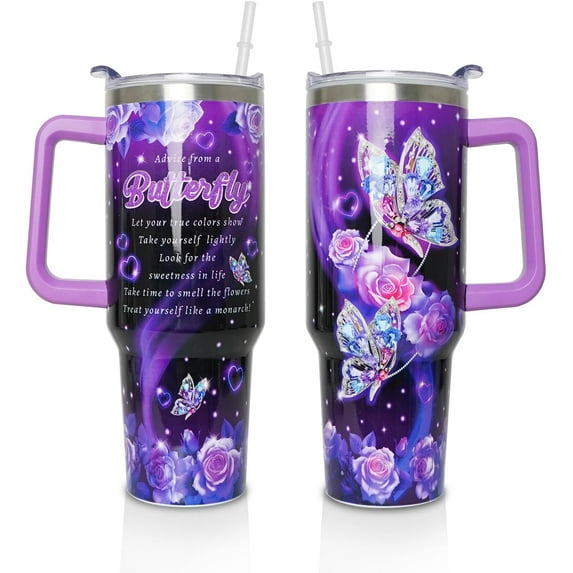 40 oz Tumbler with Handle and Straw Lid, Purple Butterfly Insulated Cup, Double Vacuum Leak Proof Coffee Travel Mug, Flower Stainless Steel Water Bottle Gifts for Women Girls