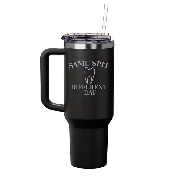 40 oz Tumbler with Handle and Straw Lid Stainless Steel Insulated Travel Mug Cup Same Spit Different Day Funny Dentist Dental Assistant Hygienist (Black)