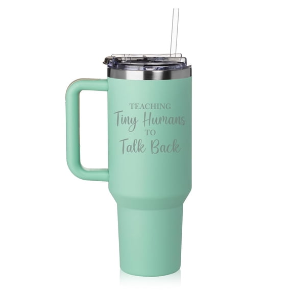 40 oz Tumbler with Handle and Straw Lid Stainless Steel Insulated Travel Mug Cup Teaching Tiny Humans To Talk Back Pediatric Speech Language Pathologist SLP Child Speech Therapist (Sea Foam Green)