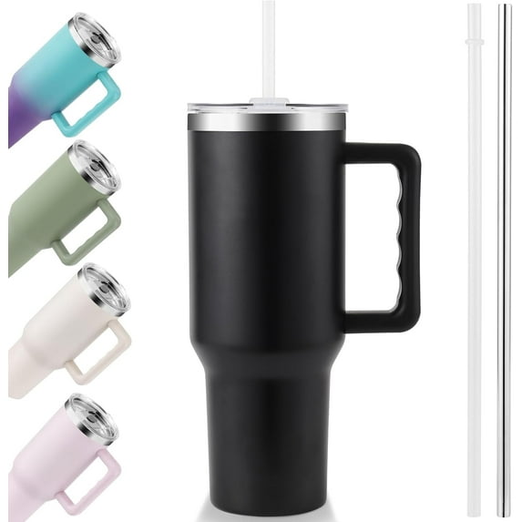 40 oz Tumbler with Handle and Straw Lid Stainless Steel Vacuum Insulated Cup Holder Friendly Keep Cold Coffee Tea Water Gift for Women Men Car Gym Travel, Black