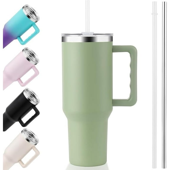40 oz Tumbler with Handle and Straw Lid Stainless Steel Vacuum Insulated Cup Holder Friendly Keep Cold Coffee Tea Water Gift for Women Men Car Gym Travel, Matcha Green