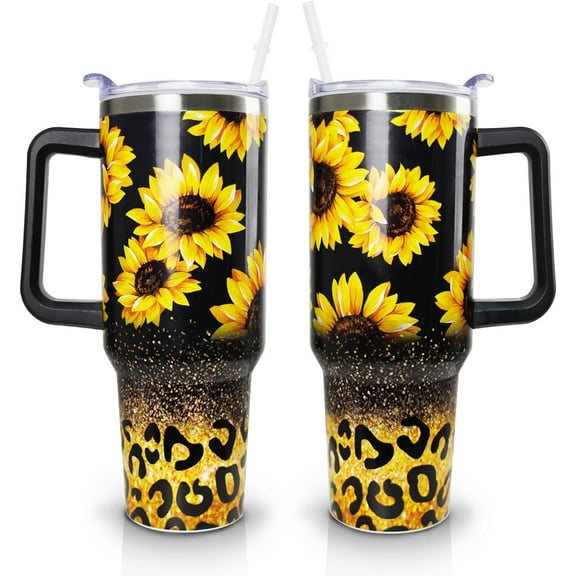 40 oz Tumbler with Handle and Straw Lid, Sunflower Leopard Insulated Cup, Double Vacuum Leak Proof Coffee Travel Mug, Sunflowers Stainless Steel Water Bottle Gifts for Women Mom