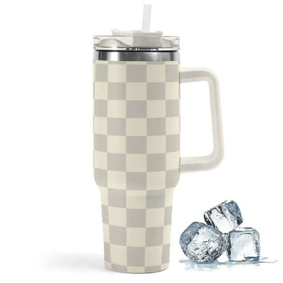 40 oz Tumbler with Handle and Straw Lid | Vacuum Insulated Leak Proof Tumbler | Stainless Steel Water Bottle Cup Gifts for Dads Moms Women Men Him Her | Cream Checkered