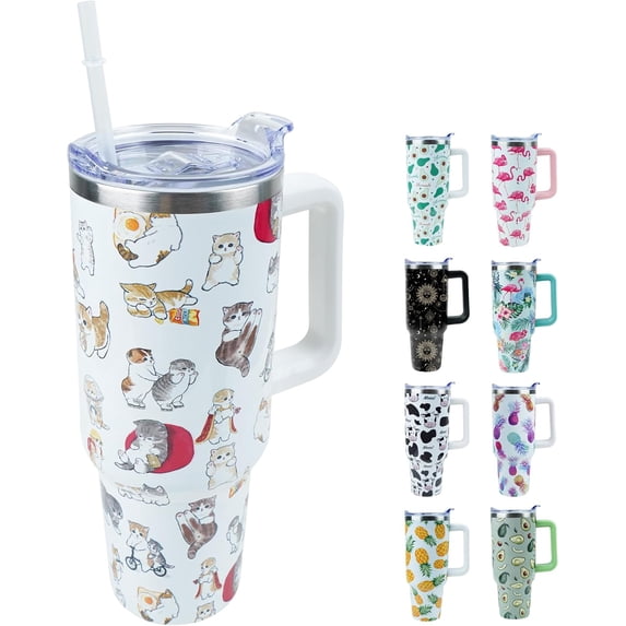 40 oz Tumbler with Handle and Straw, Stainless Steel Insulated Cup - Leak Proof Lid, Double Wall Vacuum Insulated, Keeps Drinks Cold/Hot for Hours, Pineapple Design.
