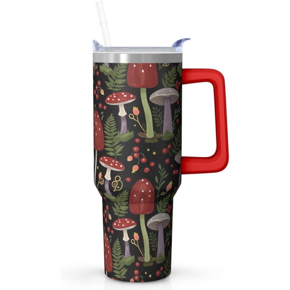 40 oz Tumbler with Handle and Straw Stainless Steel Insulated Tumbler Leak Proof Lid and Straw Lid Reusable Travel Mug Coffee Mug Cup Dishwasher Safe Keep Drinks Cold and Hot (Forest Mushroom)
