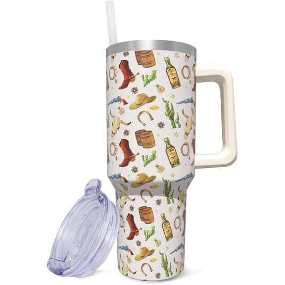 40 oz Tumbler with Handle and Straw, Stainless Steel Insulated Western Tumbler 40 oz, Reusable Western Coffee Mug with Leak Proof Lid, Western Gifts for Women