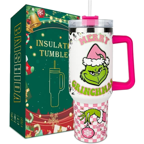 40 oz Tumbler with Handle and Straw, Stainless Steel Tumbler with Lid Straw, Car Mug Sports Travel Christmas Gift 40oz Grin-chi Insulated Tumblers (Christmas 17)