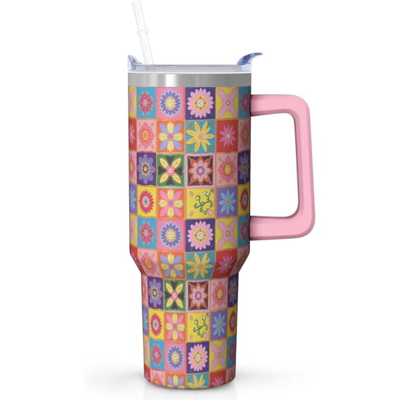 40 oz Tumbler with Handle and Straw for Women, Stainless Steel Insulated Mug with Leakproof Lid, Cute Pink Floral Tile Mug for Girls, Teens, and Commutes