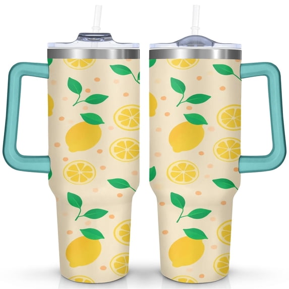 40 oz Tumbler Lemon with Handle Stainless Steel Travel Cup Leak Resistant Cup Car Cup Holder Friendly for Gym Travel Office