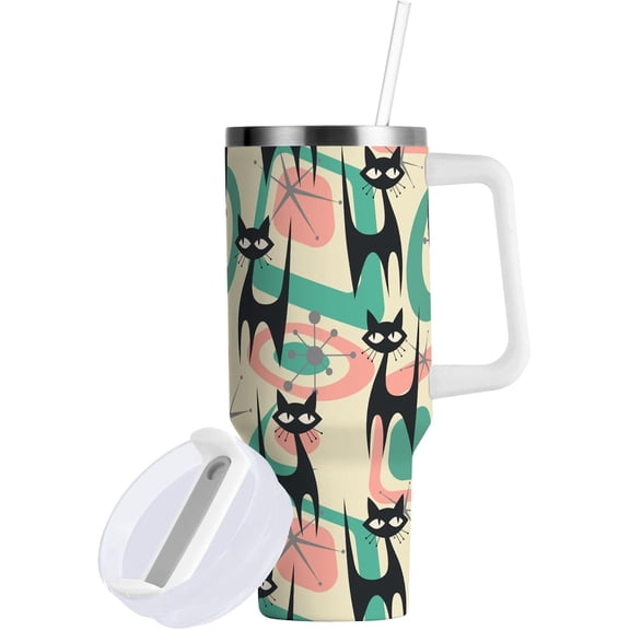 40 oz Tumbler with Straw & Handle - 2 in 1 Lids Leak Proof Tumblers - Large Insulated Stainless Steel Cup Water Bottle Travel Metal Mug for Women Man,Mid Century Atomic Black Cat