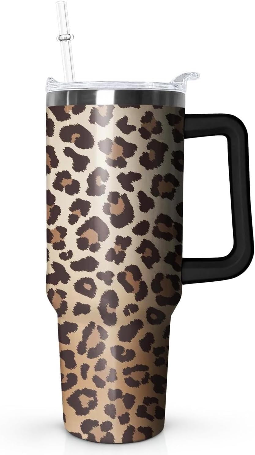 Leopard Print Insulated Zonegrace Tumblers With Handle And Straw