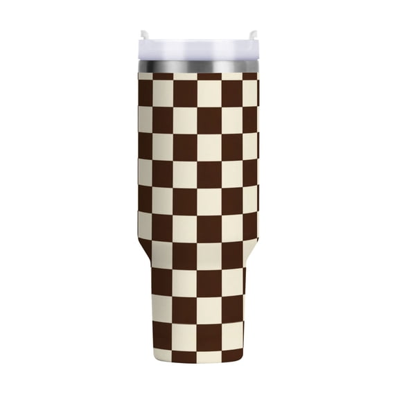 40 oz Tumbler With Handle Stainless Steel Insulated Tumbler With Lid for Car Cup Holder Brown and Cream Checkered