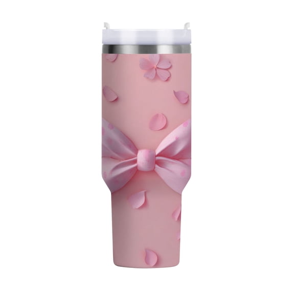 40 oz Tumbler With Handle Stainless Steel Insulated Tumbler With Lid for Car Cup Holder Butterfly Knot Decoration