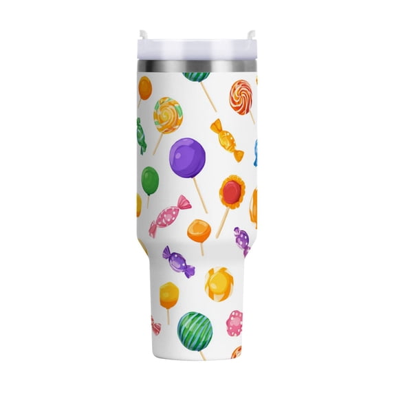 40 oz Tumbler With Handle Stainless Steel Insulated Tumbler With Lid for Car Cup Holder Cartoon Candy Pattern