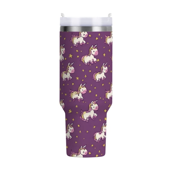 40 oz Tumbler With Handle Stainless Steel Insulated Tumbler With Lid for Car Cup Holder Cartoon Unicorns and Stars