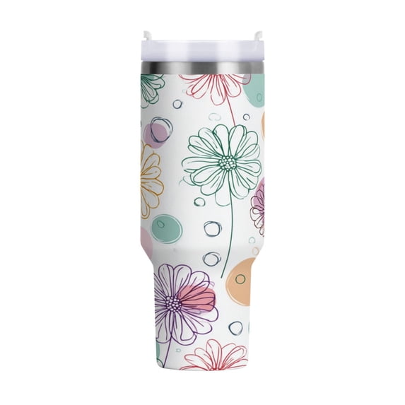 40 oz Tumbler With Handle Stainless Steel Insulated Tumbler With Lid for Car Cup Holder Colored Outline Flower