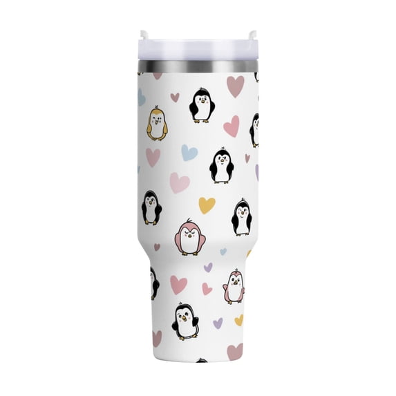 40 oz Tumbler With Handle Stainless Steel Insulated Tumbler With Lid for Car Cup Holder Cute Penguins and Heart Pattern