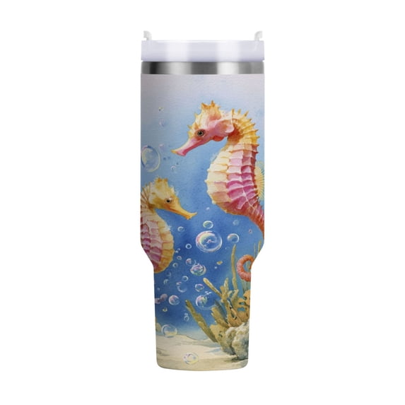 40 oz Tumbler With Handle Stainless Steel Insulated Tumbler With Lid for Car Cup Holder Cute Seahorse Pattern