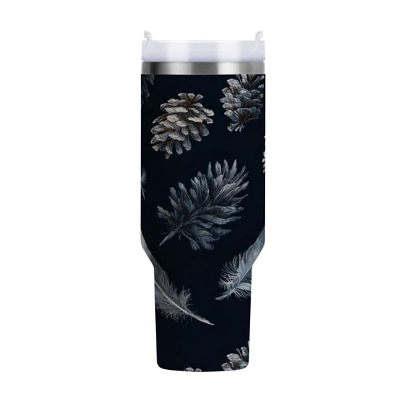 40 oz Tumbler With Handle Stainless Steel Insulated Tumbler With Lid for Car Cup Holder Deep Gray Feathers and Pinecones