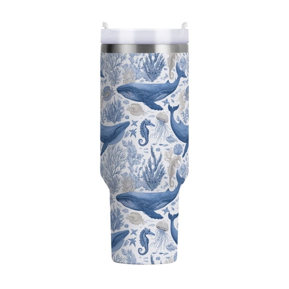 40 oz Tumbler With Handle Stainless Steel Insulated Tumbler With Lid for Car Cup Holder Detailed Sea Life Illustration