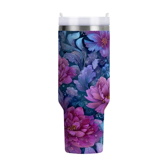 40 oz Tumbler With Handle Stainless Steel Insulated Tumbler With Lid for Car Cup Holder Exquisite Floral Illustration
