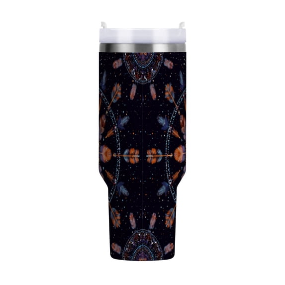 40 oz Tumbler With Handle Stainless Steel Insulated Tumbler With Lid for Car Cup Holder Feathers and Beads Pattern