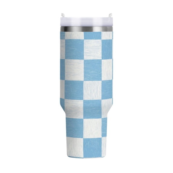 40 oz Tumbler With Handle Stainless Steel Insulated Tumbler With Lid for Car Cup Holder Light Blue and White Checkered