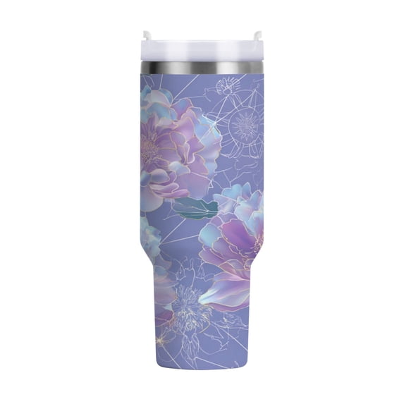40 oz Tumbler With Handle Stainless Steel Insulated Tumbler With Lid for Car Cup Holder Light Purple Peony