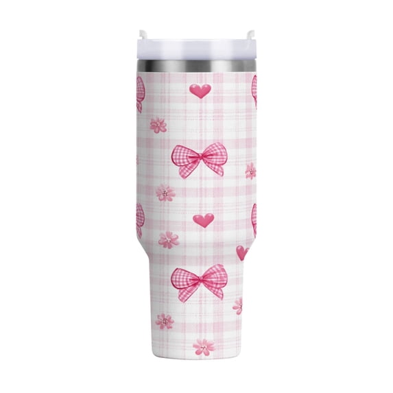 40 oz Tumbler With Handle Stainless Steel Insulated Tumbler With Lid for Car Cup Holder Pink Butterfly Knot and Flowers