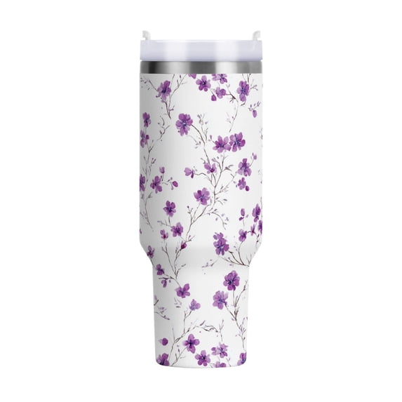 40 oz Tumbler With Handle Stainless Steel Insulated Tumbler With Lid for Car Cup Holder Purple Wildflower Pattern