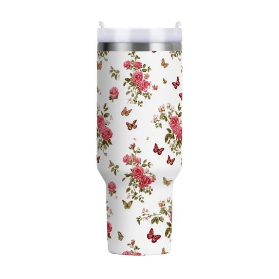 40 oz Tumbler With Handle Stainless Steel Insulated Tumbler With Lid for Car Cup Holder Small Butterfly and Rose Pattern
