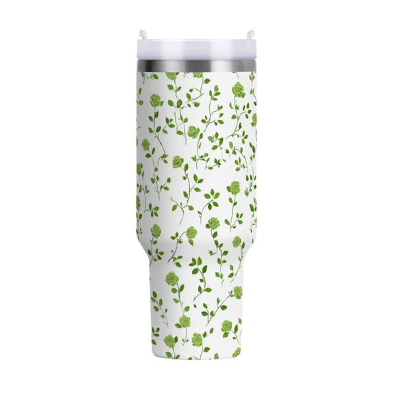 40 oz Tumbler With Handle Stainless Steel Insulated Tumbler With Lid for Car Cup Holder Small Green Rose Pattern