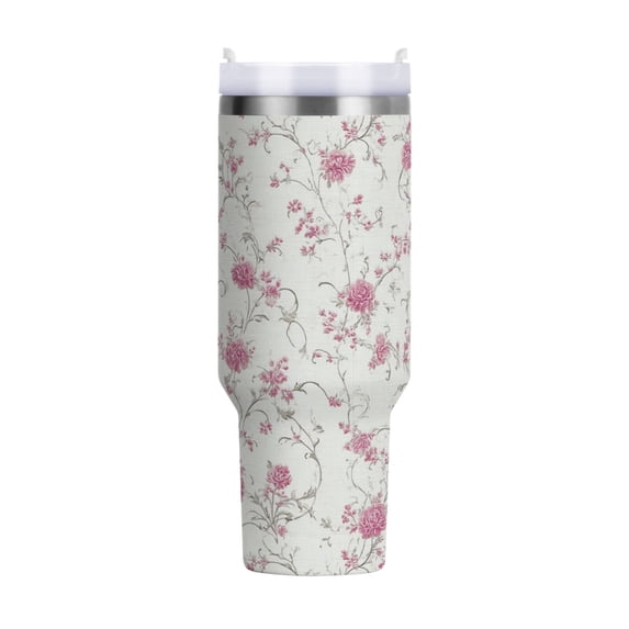 40 oz Tumbler With Handle Stainless Steel Insulated Tumbler With Lid for Car Cup Holder Small Pink Floral Pattern